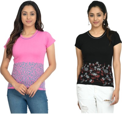 KAYU Printed Women Round Neck Black, Pink T-Shirt