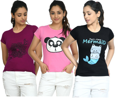 IndiWeaves Printed Women Round Neck Multicolor T-Shirt