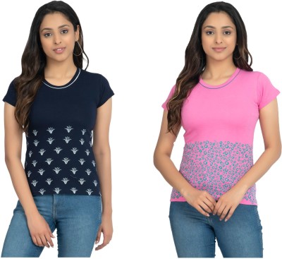 Indistar Printed Women Round Neck Blue, Pink T-Shirt