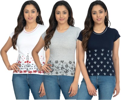 Indistar Printed Women Round Neck White, Blue, Grey T-Shirt