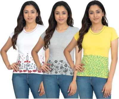 Indistar Printed Women Round Neck White, Grey, Yellow T-Shirt