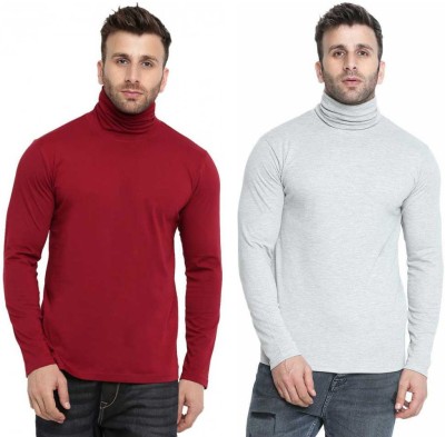 Christone Solid Men Turtle Neck Maroon, Grey T-Shirt