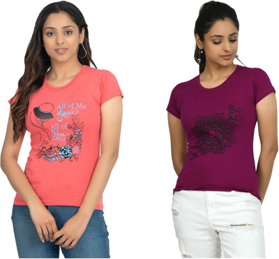IndiWeaves Printed Women Round Neck Purple, Pink T-Shirt