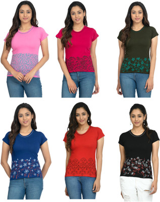 KAYU Floral Print Women Round Neck Multicolor T-Shirt