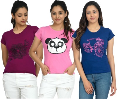 IndiWeaves Printed Women Round Neck Blue, Maroon, Pink T-Shirt