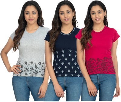 IndiWeaves Floral Print Women Round Neck Blue, Pink, Grey T-Shirt