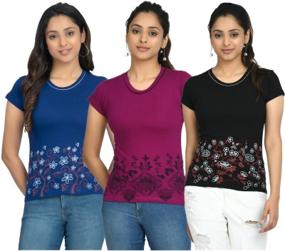 Indistar Floral Print Women Round Neck Purple, Blue, Black T-Shirt