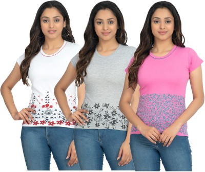 IndiWeaves Floral Print Women Round Neck White, Pink, Grey T-Shirt