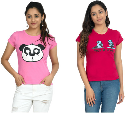 IndiWeaves Printed Women Round Neck Red, Pink T-Shirt