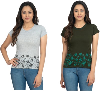 IndiWeaves Floral Print Women Round Neck Grey T-Shirt