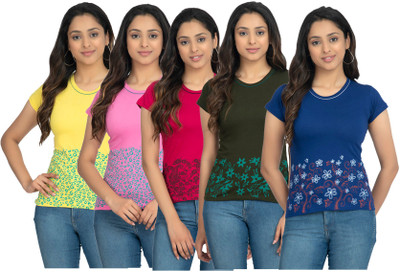 Indistar Printed Women Round Neck Multicolor T-Shirt