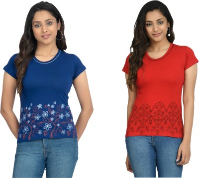 IndiWeaves Floral Print Women Round Neck Dark Blue, Red T-Shirt