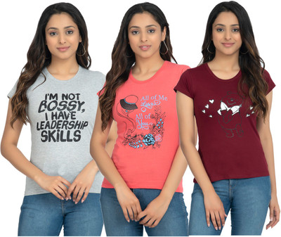 IndiWeaves Printed Women Round Neck Multicolor T-Shirt