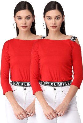 ANIXA Casual 3/4 Sleeve Solid Women Red Top