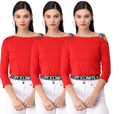 Trendy World Casual 3/4 Sleeve Solid Women Red Top
