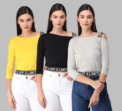 Fit N Fame Casual 3/4 Sleeve Solid Women Multicolor Top