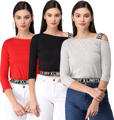 Fit N Fame Casual 3/4 Sleeve Solid Women Multicolor Top