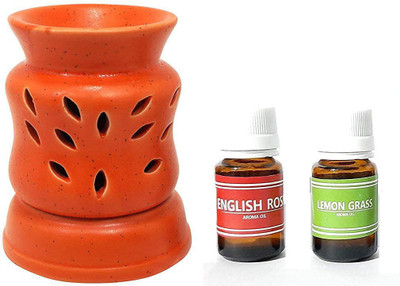 BHARTI TRADERS lemongrass, rose Aroma Oil, Diffuser Set Ceramic red Colour Pot shape Leaf Design Electric Aroma Diffuser with Fragrance Oil of20 ml Air Fragrance Diffuser (2 x 5 ml)(3 x 6.67 ml)