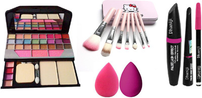 Dhaniji Makeup Kit Mini Eye Shadow & 7 Brush Set Black & 1 EyeLiner, 1 Eyebrow pencil, 1 Mascara & 2 Puff (7 Items in the set)(7 Items in the set)