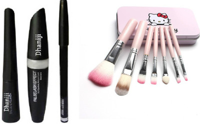 Dhaniji A Professional Eyebrow Black Pencil With Mascara & Liquid Eyeliner (Set of 3) And Makeup Brushes Set of 7 (2 Items in the set)(2 Items in the set)