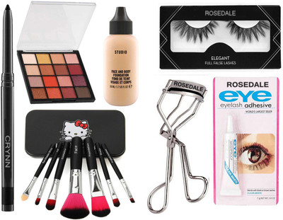 Crynn Smudge Proof Waterproof Long Lasting Kajal & Studio Professional Hilary Rhoda K-12 Eyeshadow & Fit Focus Full Coverage Foundation & Professional Set of 7 Makeup Brush & Waterproof False Pair Eyelash & Glue , Curler(13 Items in the set)
