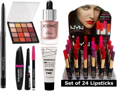 Crynn Smudge Proof Waterproof Long Lasting Kajal & Studio Professional Hilary Rhoda K-12 Eyeshadow & 3in1 Eyeliner Mascara Eyebrow Pencil & Fit Focus Pearl Face Primer & Iconic Shine Illuminator Highlighter & NYN 24 Moisturising Matte Lipstick(31 Items in the set)