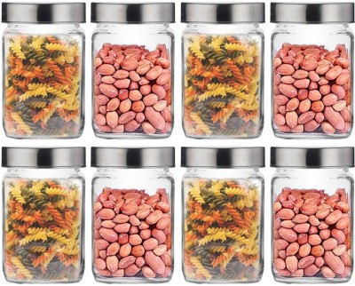 CROCO JAR NL309 Croco 800 ml Glass Container Airtight Steel Lid for Storage Jars for Kitchen - 800 ml Glass Tea Coffee & Sugar Container (Pack of 8) - 800 ml Glass Tea Coffee & Sugar Container(Pack of 8, Silver, Clear)