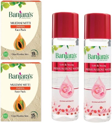 Banjaras Multani Mitti Papaya Face Pack & Rose Water- 2 X 100 g & 2 x 120 ml Packs(440 g)