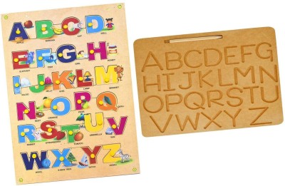 Toyvala Greatest English Alphabet (A to Z) Capital/Uppercase Letter with Pics & Montessori English Alphabet Wooden Tracing Board - Capital/Uppercase Letters - Montessori English Learning/ Wooden Montessori Learning Skills and Writing Practice(Beige)