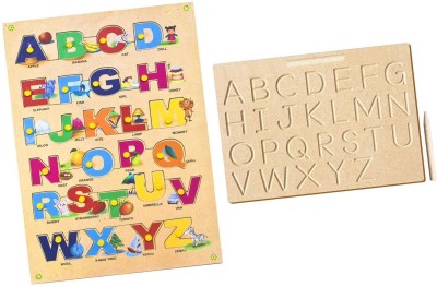 Toyvala Supreme English Alphabet (A to Z) Capital/Uppercase Letter with Pics & Montessori English Alphabet Wooden Tracing Board - Capital/Uppercase Letters - Montessori English Learning/ Wooden Montessori Learning Skills and Writing Practice(Beige)