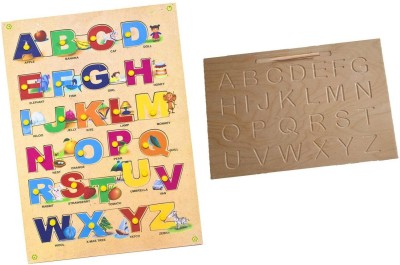 Toyvala Finest English Alphabet (A to Z) Capital/Uppercase Letter with Pics & Montessori English Alphabet Wooden Tracing Board - Capital/Uppercase Letters - Montessori English Learning/ Wooden Montessori Learning Skills and Writing Practice(Beige)