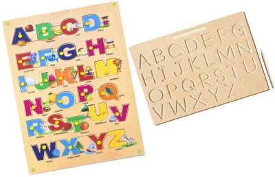 Toyvala Premier English Alphabet (A to Z) Capital/Uppercase Letter with Pics & Montessori English Alphabet Wooden Tracing Board - Capital/Uppercase Letters - Montessori English Learning/ Wooden Montessori Learning Skills and Writing Practice(Beige)