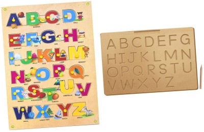 Toyvala Leading English Alphabet (A to Z) Capital/Uppercase Letter with Pics & Montessori English Alphabet Wooden Tracing Board - Capital/Uppercase Letters - Montessori English Learning/ Wooden Montessori Learning Skills and Writing Practice(Beige)