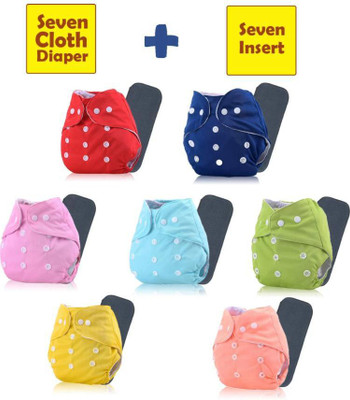kogar Daily Use Trendy Reusable Adjustable Washable Multicolour Cloth Button Diaper Nappy For Baby New Born To 2 Year (7Diaper+7 Insert) - M(14 Pieces)
