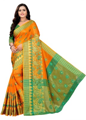 Anusuya Saree Self Design, Woven Kanjivaram Pure Cotton, Cotton Silk Saree(Orange)