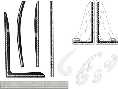 Upyukat Khyati Tailoring scales/ curves/ Fashion Designing Scale- Premium Quality Hard Plastic Scale- Set of 4- L Square Curve, Hip curve, Arm curve, Straight Ruler Along with 1 Gridding Scale (45cm), 2 Designer curve, 3 French curves and 1 Armhole Curve Sewing Kit