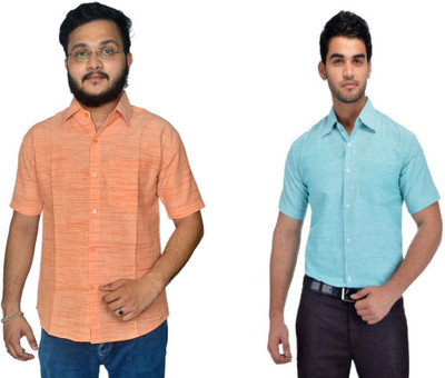 DESHBANDHU DBK Men Self Design Casual Light Blue, Orange Shirt(Pack of 2)