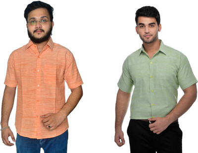 DESHBANDHU DBK Men Self Design Casual Green, Orange Shirt(Pack of 2)