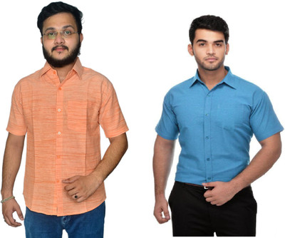 DESHBANDHU DBK Men Self Design Casual Blue, Orange Shirt(Pack of 2)