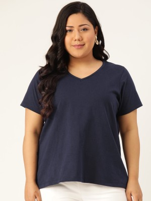 Rute Solid Women V Neck Blue T-Shirt