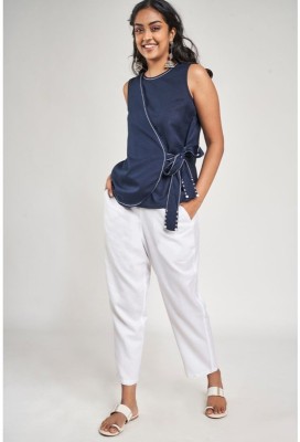 GLOBAL DESI Casual Sleeveless Solid Women Blue Top