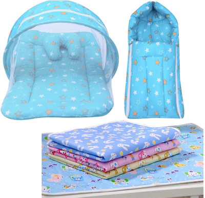 Fareto Cotton Baby Bed Sized Bedding Set(Blue, 1 Mattress with Net With U-Shape Pillow, 4 Waterproof Plastic Sheet, 1 Sleeping bag)