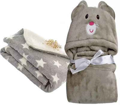 BRANDONN Printed Single Hooded Baby Blanket for  AC Room(Microfiber, Grey)