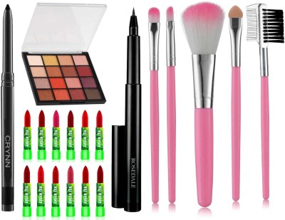 Crynn Smudge Proof Waterproof Long Lasting Kajal & Studio Professional Hilary Rhoda K-12 Eyeshadow & AS Green Tea Extract Moisturising 12 Lipstick & Yanqina deep Black 36H Eyeliner & 5in1 Makeup Brush Set(5 Items in the set)