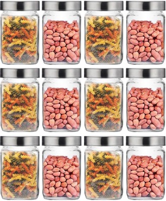 CROCO JAR NL308 Croco Cubical Glass jar 800ML Kitchen Container Storage Dry Fruits jar Spices, Pickle with Airtight Steel Lid (Pack of 12) - 800 ml Glass Tea Coffee & Sugar Container(Pack of 12, Silver)