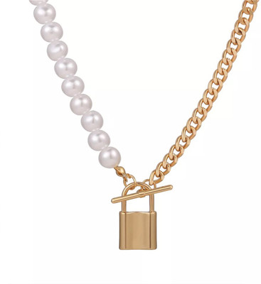 Vembley Stunning Gold Plated Pearl and Chainlink Lock Pendant Necklace Gold-plated Plated Alloy Necklace