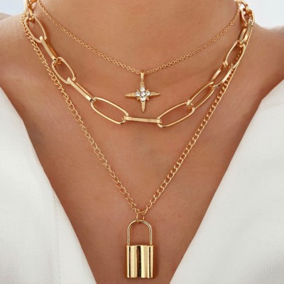 Vembley Lovely Gold Plated Triple Layered Star and Lock Pendant Necklace Gold-plated Plated Alloy Layered