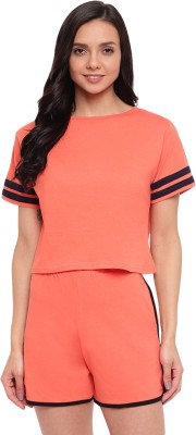 Style Dunes Women Striped Orange, Dark Blue Top & Shorts Set