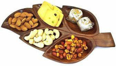 Handicrafts Goods Wooden Leaf Tray of 5 compartment Chip & Dip Tray