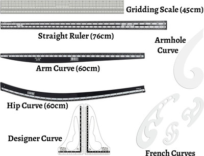Upyukat Khyati Tailoring scales/ curves/ Fashion Designing Scale- Premium Quality Hard Plastic Scale- Set of 3- Hip curve, Arm curve, Straight Ruler Along with 1 Gridding Scale (45cm), 2 Designer curve, 3 French curves and 1 Armhole Curve Sewing Kit